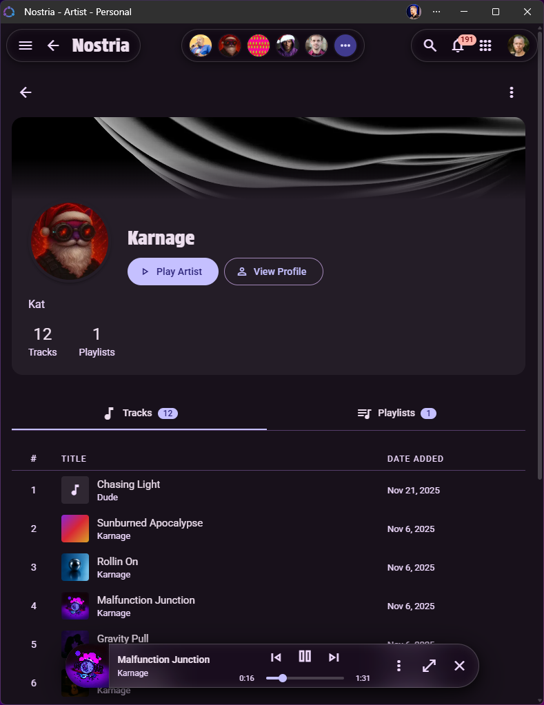 Nostria Music profile - Dark theme