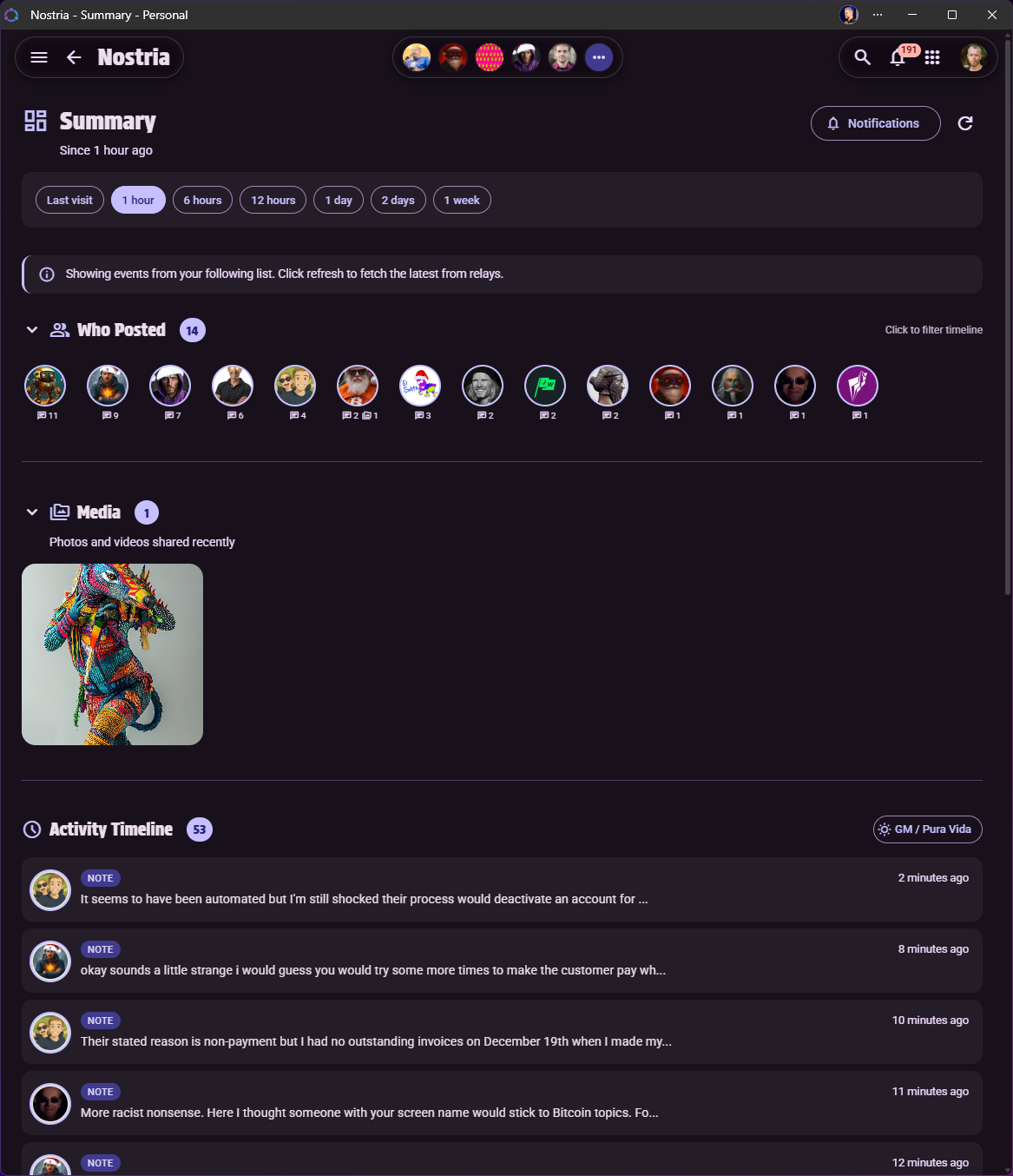 Nostria Summary - Dark theme