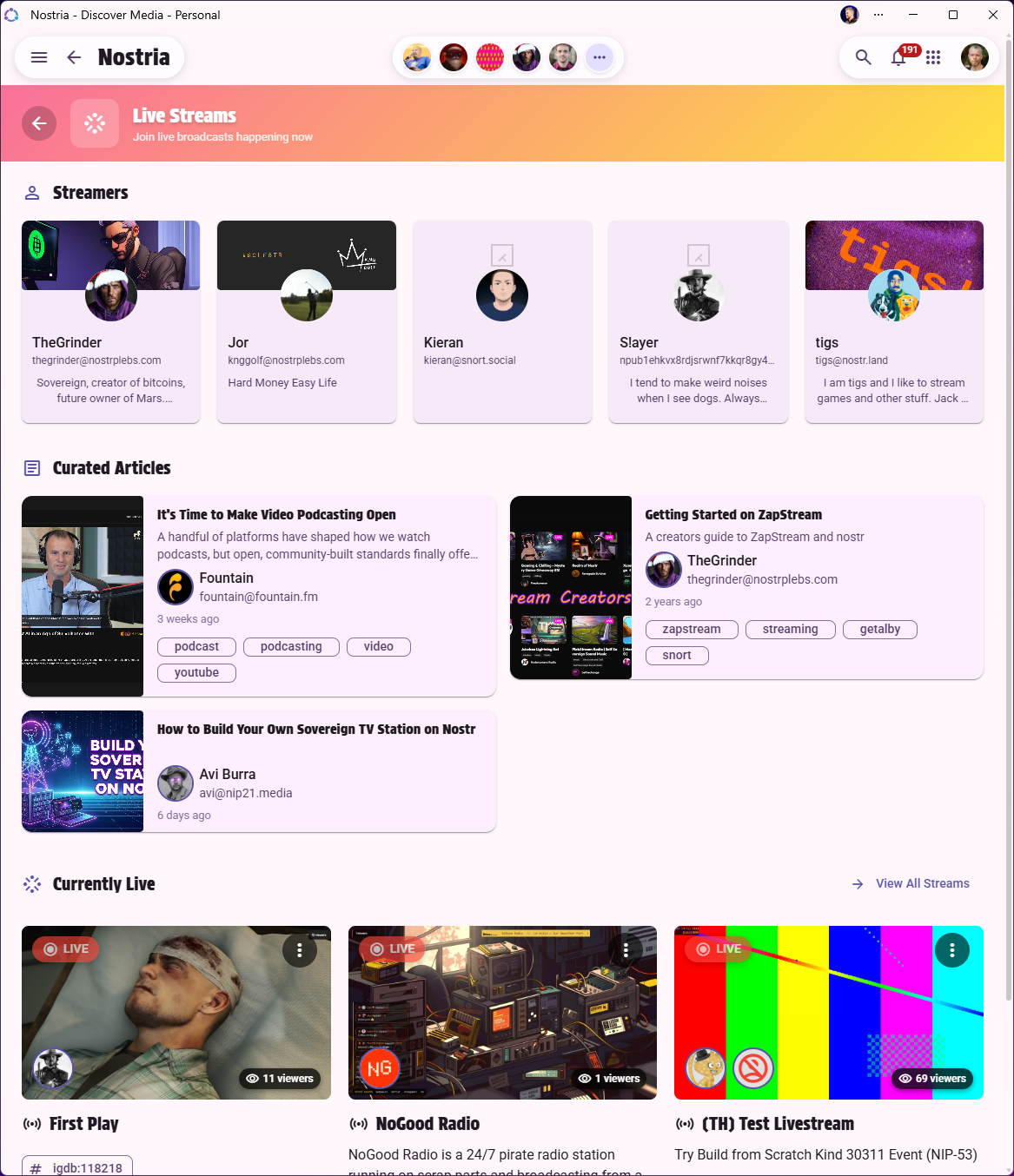 Nostria Discover Live Streaming - Light theme