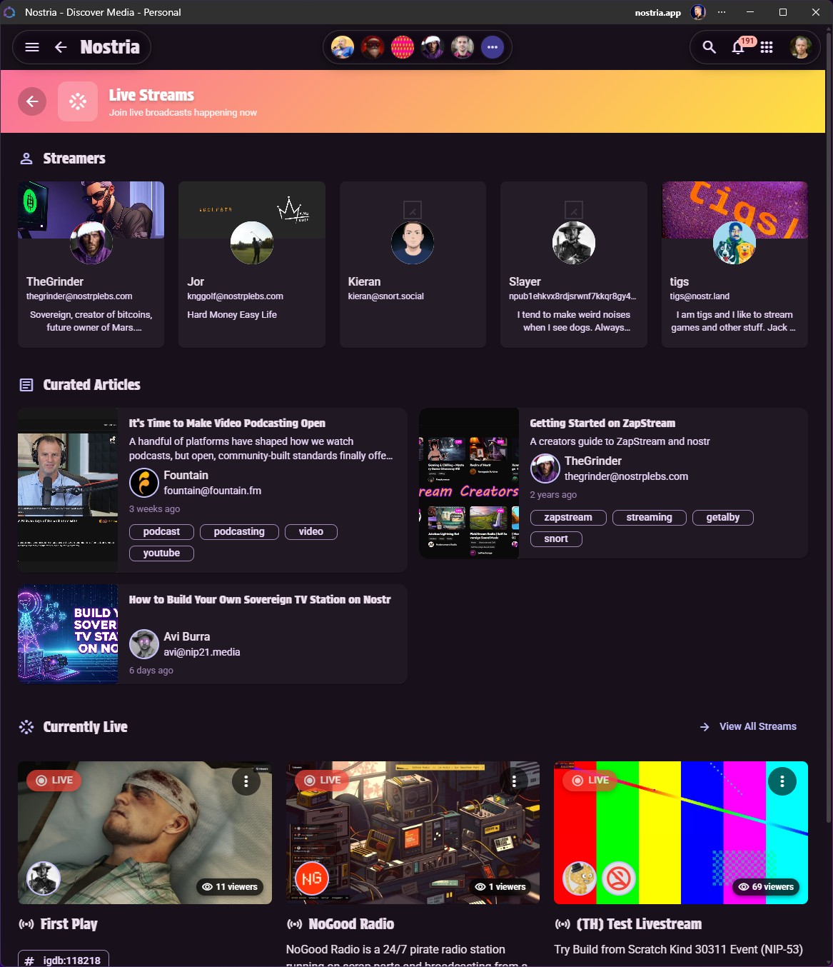 Nostria Discover Live Streaming - Dark theme