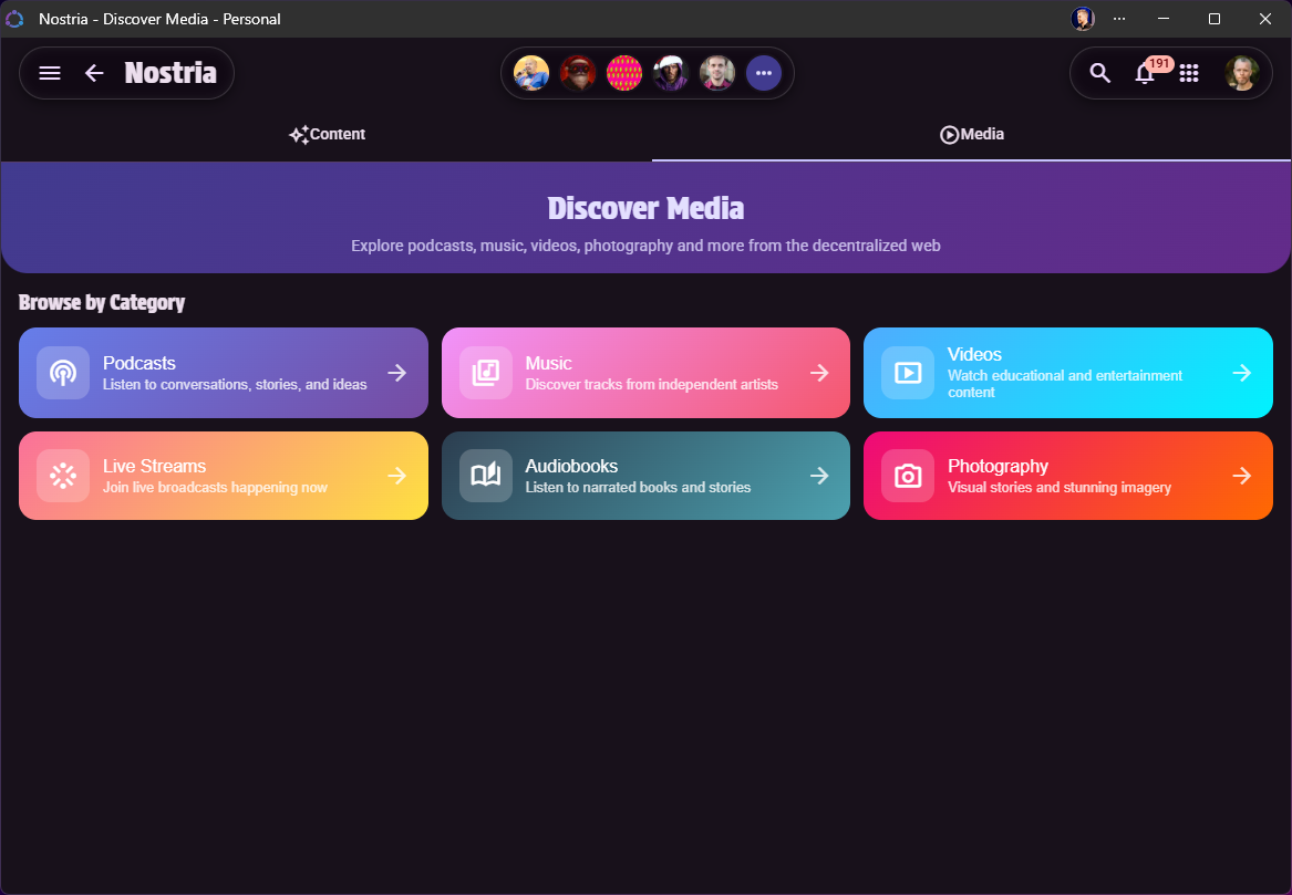 Nostria Discover Media - Dark theme